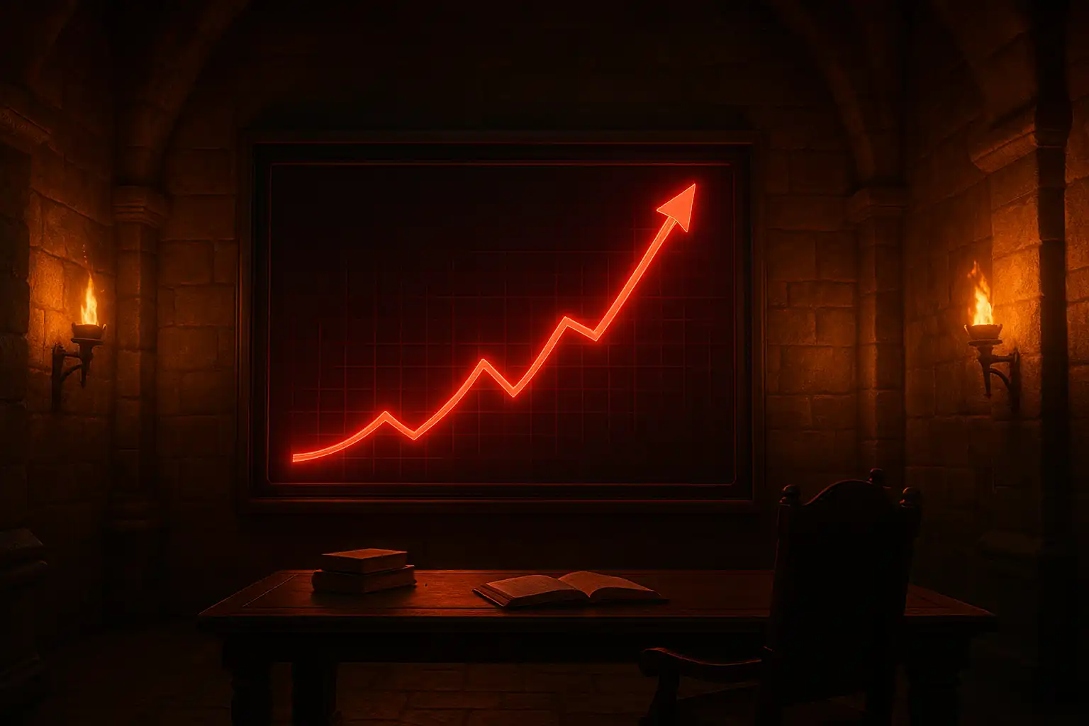 Glowing red multiplier curve rising above a castle trading floor styled crash game screen