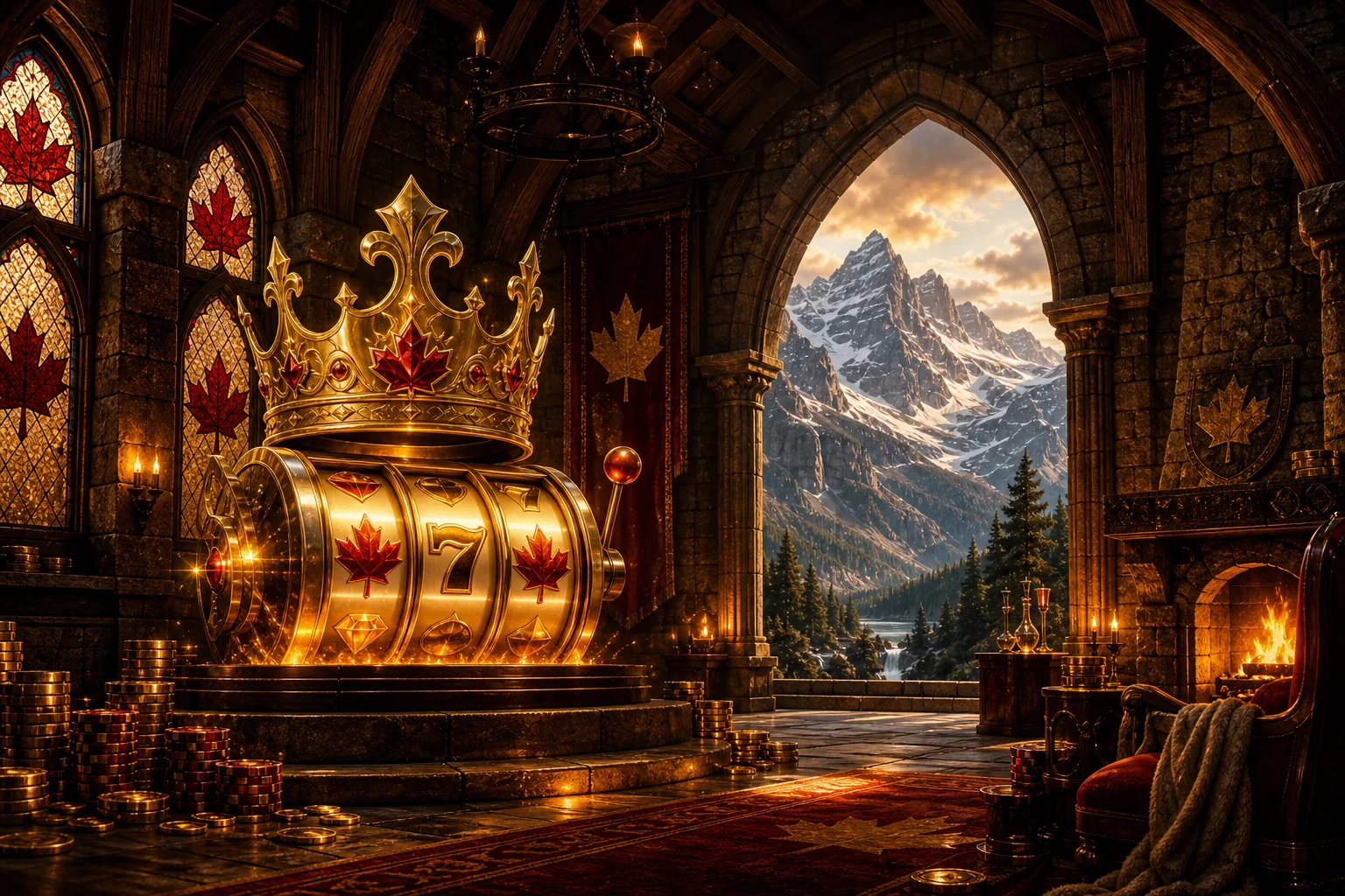 Golden crown and slot reels glowing inside a stone castle hall overlooking snowy Canadian peaks