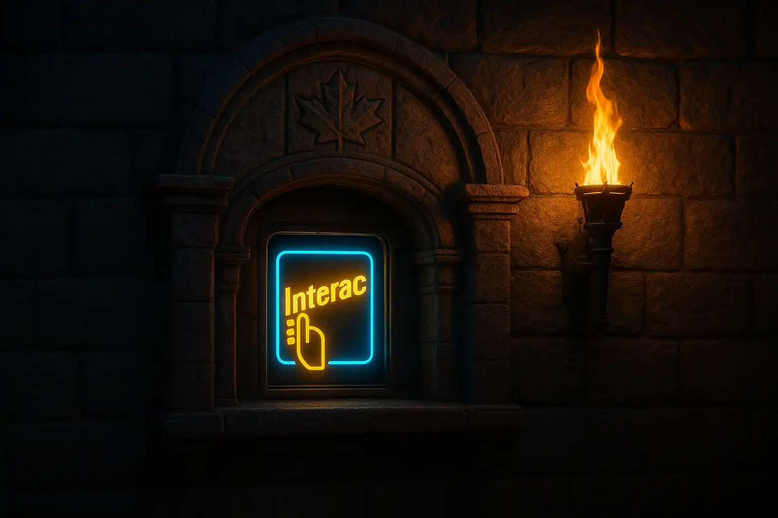 Stone castle cashier window with a glowing Interac transfer symbol and Canadian maple leaf motif