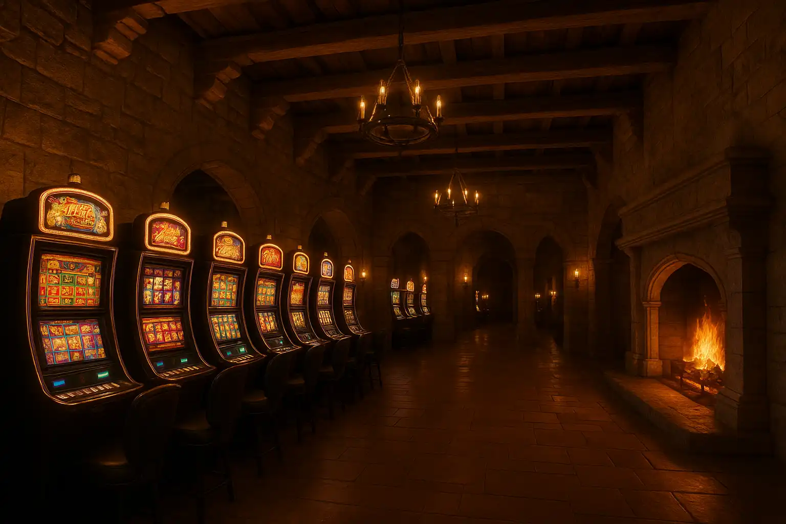 Wide stone castle gaming hall lined with glowing slot machines and a crackling fireplace