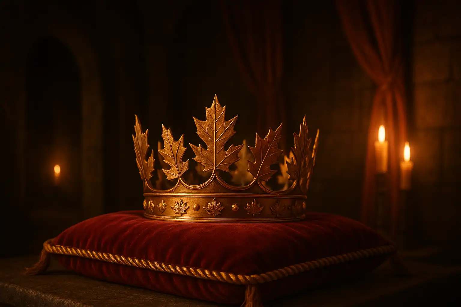 Golden crown resting on a velvet cushion inside a candlelit castle VIP hall